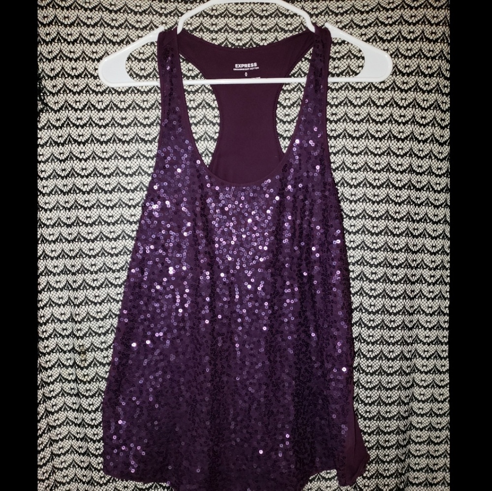 EXPRESS Purple Sequin Sparkle Scoop Neck Tank Top